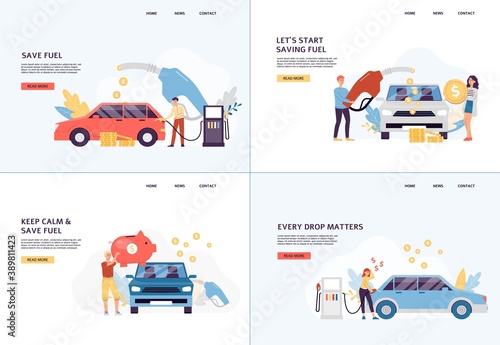 Web banners set calling to save fuel with characters flat vector illustration.