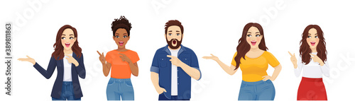 Surprised shocked men and women pointing away in casual style clothes set isolated vector illustration