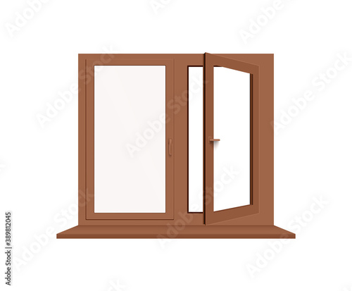 Brown window frame with one half open. Wooden window pane