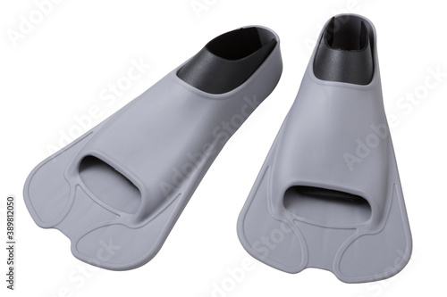 gray rubber short fins for the pool, pair, on a white background
