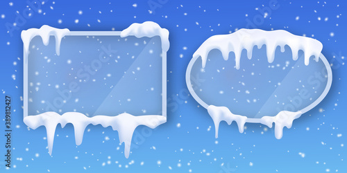 Transparent glass frames covered with realistic snow capped. Frozen winter borders with melting snow. Square and ellipse shape with ice frost elements
