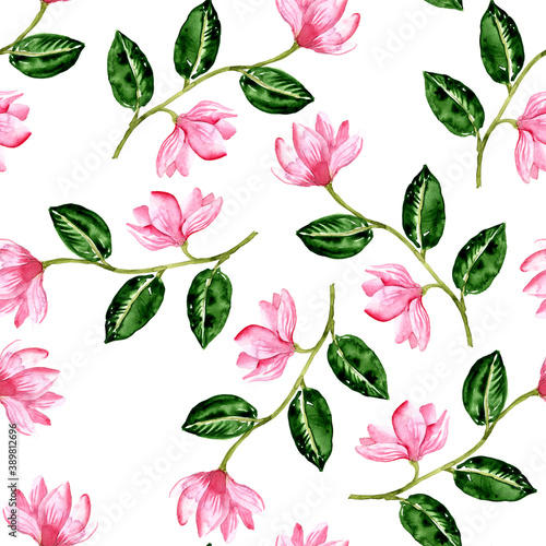 watercolor drawing seamless pattern with branch of magnoila tree