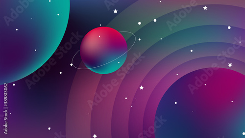 Aesthetic space horizontal background. Abstract banner for social networks, web design. Fashionable illustration in minimalist style with planets, stars, gradient, shine.