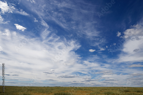 blue sky with variegated clouds over the field