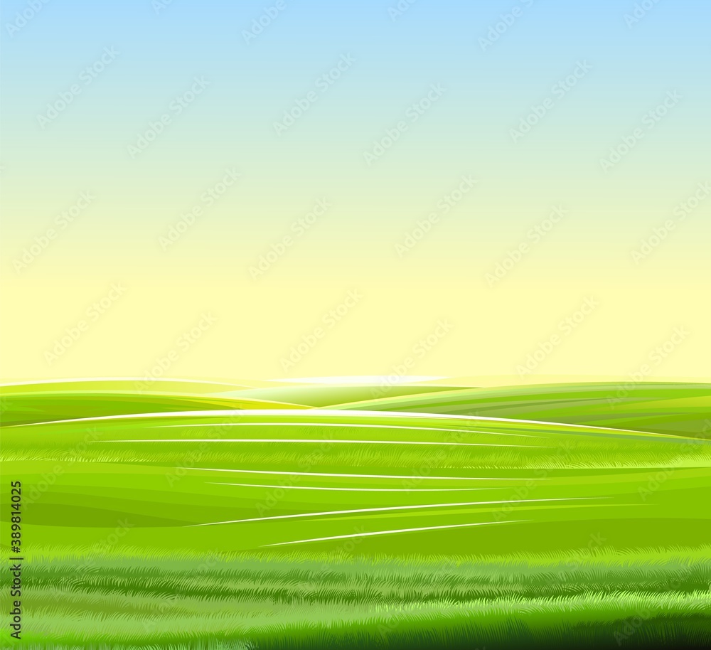 Sunrise, meadow hills. Scenery. Landscape with a clear sky without clouds. Horizon. Beautiful view. Summer. Vector