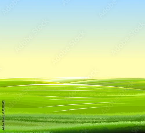 Sunrise  meadow hills. Scenery. Landscape with a clear sky without clouds. Horizon. Beautiful view. Summer. Vector