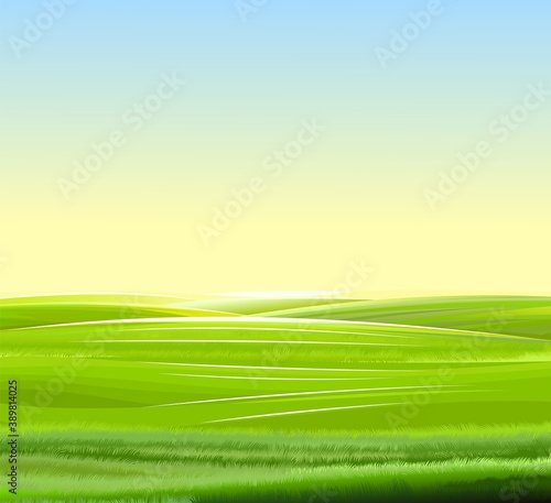 Sunrise, meadow hills. Scenery. Landscape with a clear sky without clouds. Horizon. Beautiful view. Summer. Vector