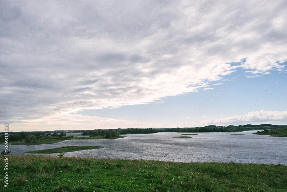 A panoramic view from the Braslav Lakes National Park in the afternoon with heavy clouds. Belarus