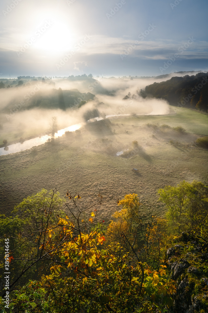 Eselsburger Tal, valley in the morning with mist, fog. Near Heidenheim. Nature reservoir