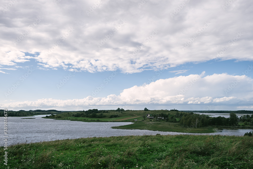 A panoramic view from the Braslav Lakes National Park in the afternoon with heavy clouds. Belarus
