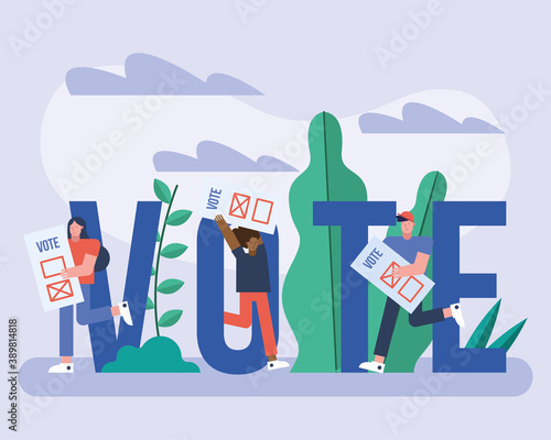 group of voters with voting cards and letters election day
