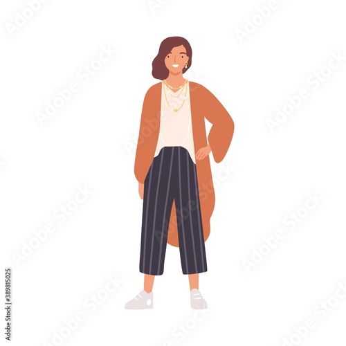 Portrait of young woman in modern oversize outfit. Happy female character in trendy office clothing isolated on white background. Flat vector cartoon isolated illustration on white background