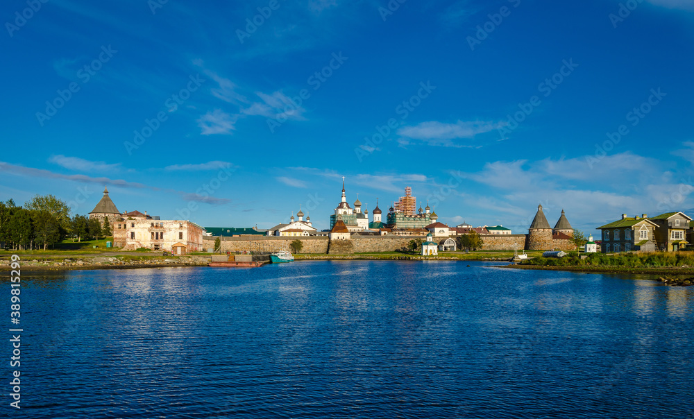Evening view of the Solovetsky Kremlin from the sea.