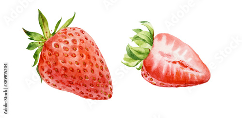 Watercolor illustration. Bright and juicy strawberries. Set of strawberries whole and in section.
