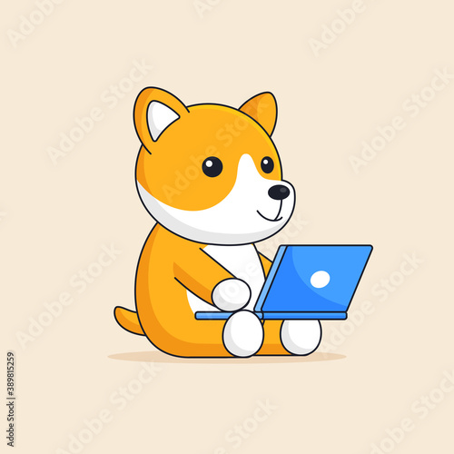 Cute shiba inu japanese orange dog sit and using computer laptop for freelance working job animal mascot character vector illustration cartoon design