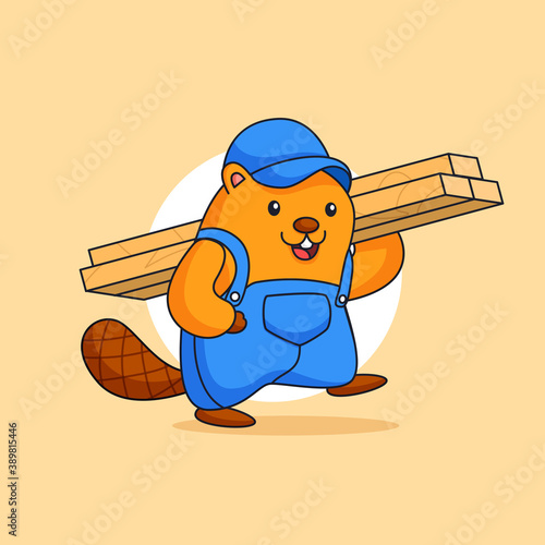 Happy cute beaver carrying bulk wood vector illustration for carpenter occupation animal mascot character vector illustration cartoon design