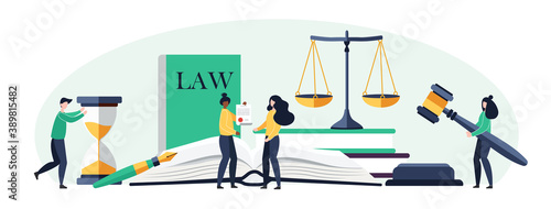 Law and justice concept. Scales of justice, the building of the judge and the hammer of the judge. Supreme Court. Vector illustration in cartoon flat style