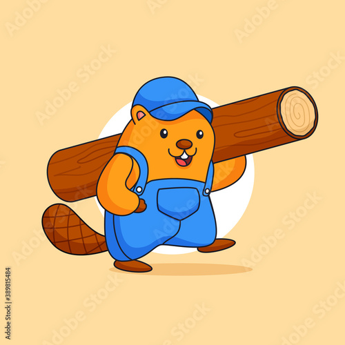 Happy cute beaver carrying logging timber wood vector illustration for carpenter woodcutter occupation animal mascot character vector illustration cartoon design