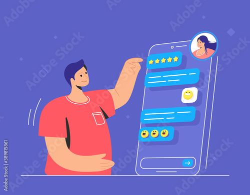 Happy teenagers chatting online in messenger app. Flat line vector illustration of smiling man having chat conversation and talking online to his female friend on smartphone screen