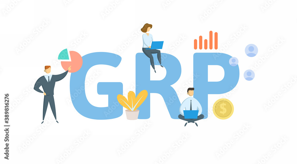 GRP, Gross Rating Point. Concept with keywords, people and icons. Flat vector illustration. Isolated on white background. GRP, Gross Rating Point. Concept with keywords, people and icons. Flat vector illustration. Isolated on white background.