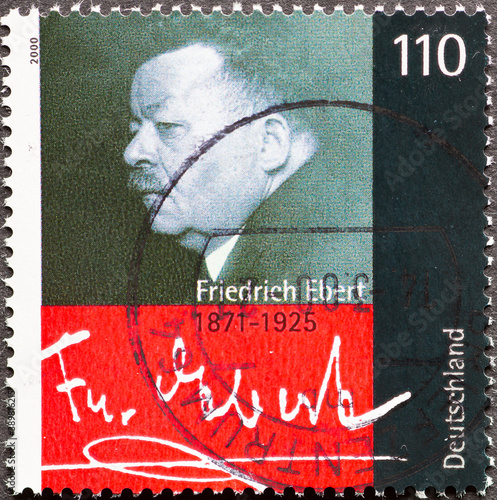 GERMANY - CIRCA 2000: a postage stamp from Germany, showing a portrait with the signature of the German social democrat and politician Friedrich Ebert on the 75th anniversary of the death of photo