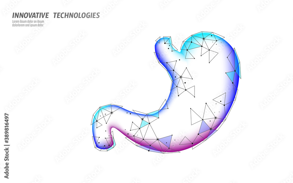 Human healthy stomach recovery system medicine concept. 3D low poly digestion reconstruction technology pharmacy drugstore banner. Health care vector illustration Human healthy stomach recovery system medicine concept. 3D low poly digestion reconstruction technology pharmacy drugstore banner. Health care vector illustration