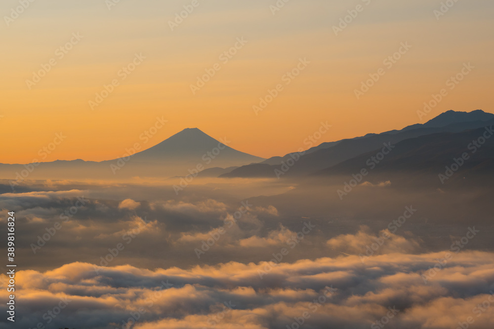 夜明けの高ボッチ高原からの雲海に浮かぶ富士山と南アルプス