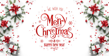 Merry Christmas and Happy New Year text on white background with gift boxes, ribbons, red decoration, fir branches, bokeh, sparkles and confetti. Xmas greeting card, bokeh, light. Top view, banner