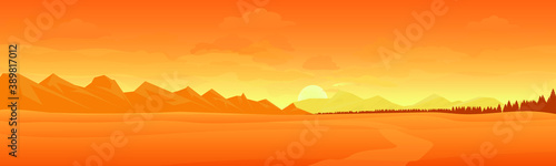 Sunny desert with mountains  yellow sand. Vector illustration