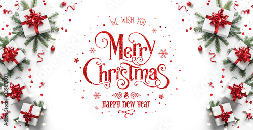 Merry Christmas and Happy New Year text on white background with gift boxes, ribbons, red decoration, fir branches, bokeh, sparkles and confetti. Xmas greeting card, bokeh, light. Top view, banner