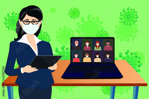 videoconference concept amid coronavirus incidence. online meeting at home. Illustration, flat design. Vector