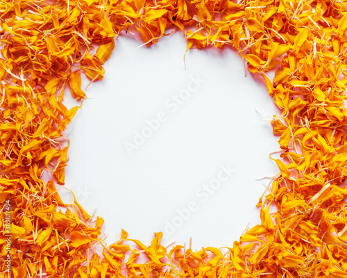 Orange floral Background. Marigold flower petals isolated on white background with copy space in the middle. Poster for Diwali wishing, greeting card, Hindu religious festival puja invitation.