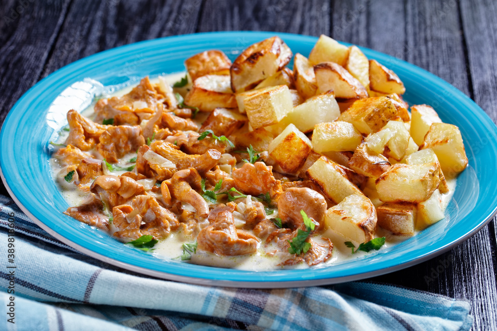 fried potato with chanterelle sauce on a plate fried potato with chanterelle sauce on a plate
