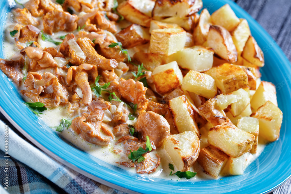 fried potato with chanterelle sauce on a plate fried potato with chanterelle sauce on a plate