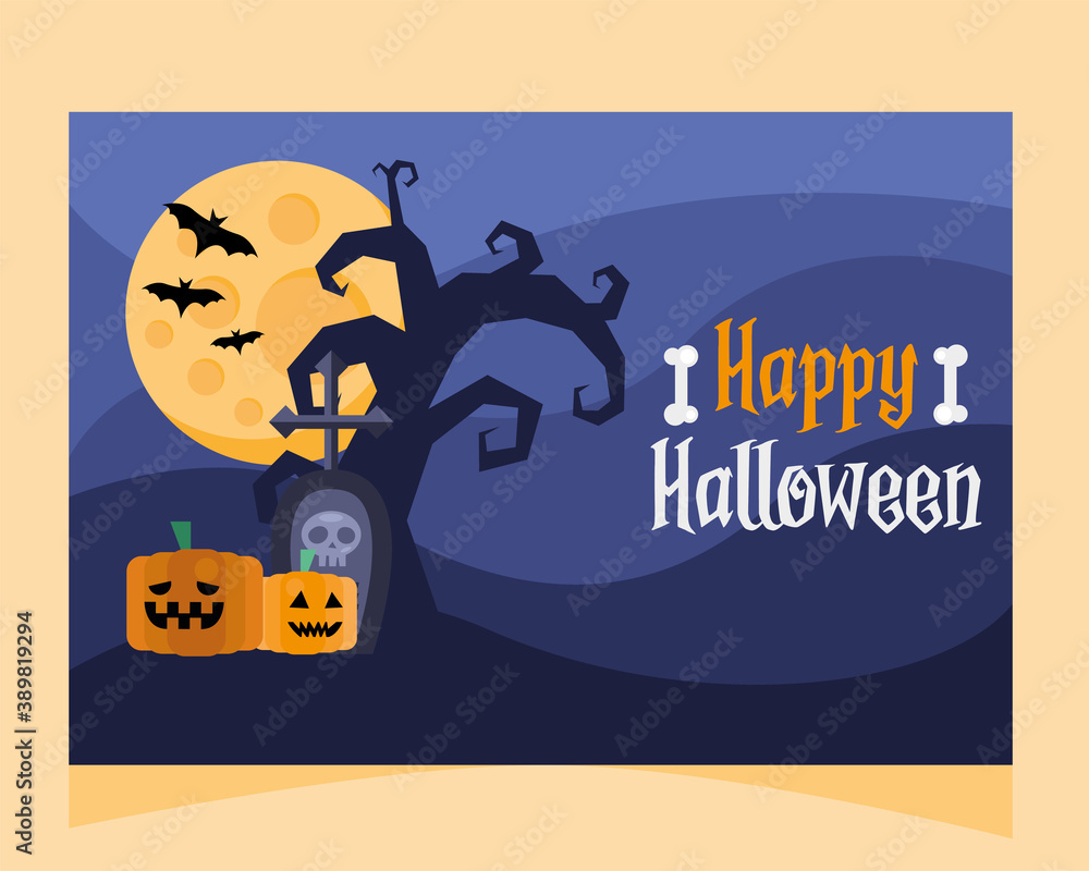 happy halloween lettering card with pumpkins and graveyard
