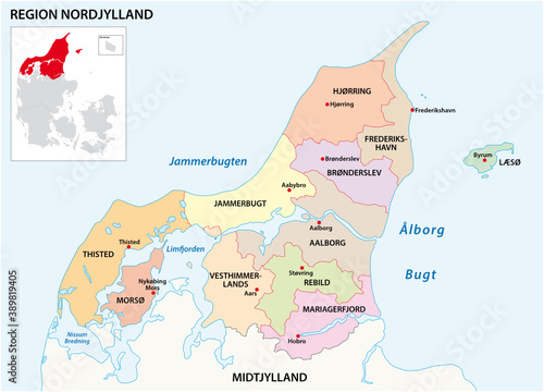 vector administrative map of the Region North Jutland, Denmark