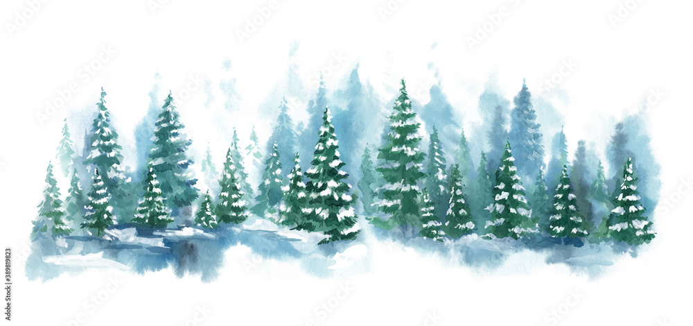 Obraz Watercolor Blue winter landscape of foggy forest hill. Wild nature, frozen, misty, taiga. Vector Horizontal watercolor background. Evergreen coniferous trees.