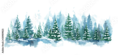 Watercolor Blue winter landscape of foggy forest hill. Wild nature, frozen, misty, taiga. Vector Horizontal watercolor background. Evergreen coniferous trees.