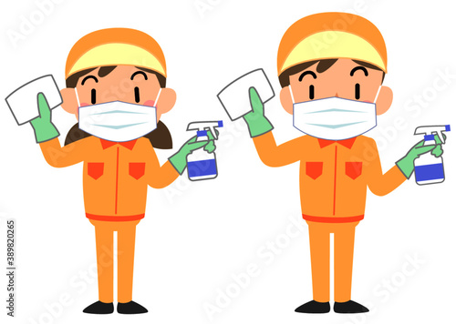 マスクをつけて拭き掃除をする清掃業者