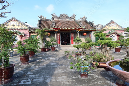 Hoi An, Vietnam, October 29, 2020: Courtyard with bonsai of the Assembly Hall Of Fujian Chinese Temple in Hoi An