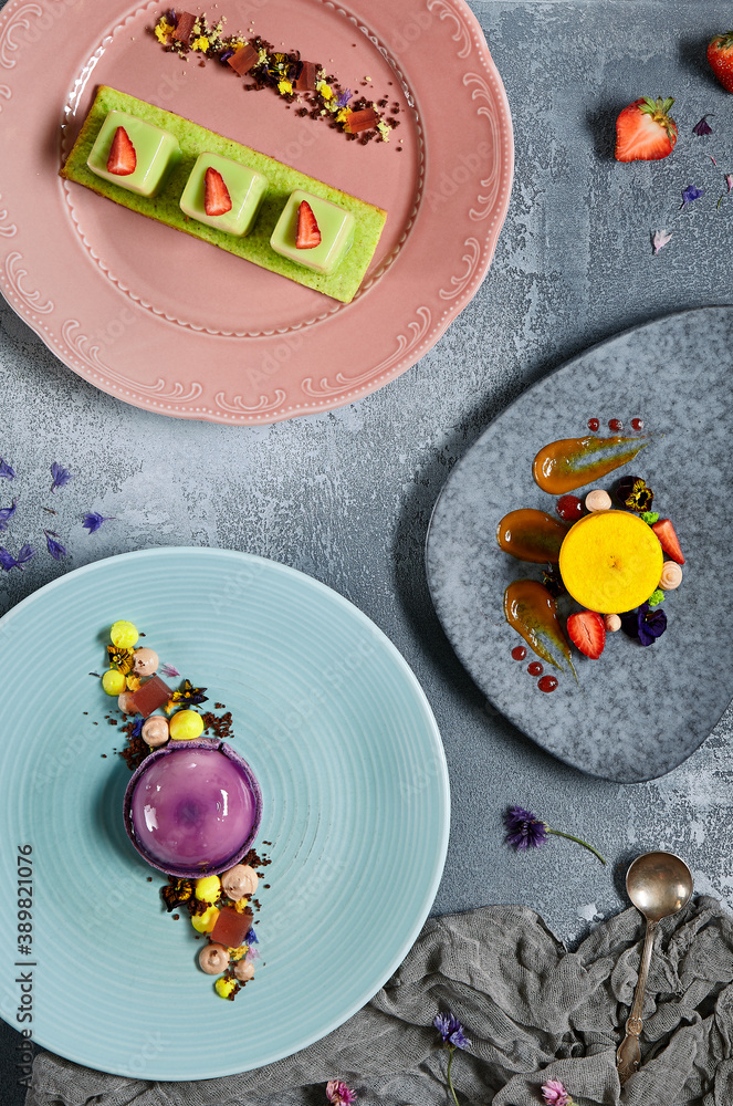 Tropical mousse desserts flat lay