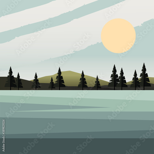 beautiful landcape scene with sunny forest and lake