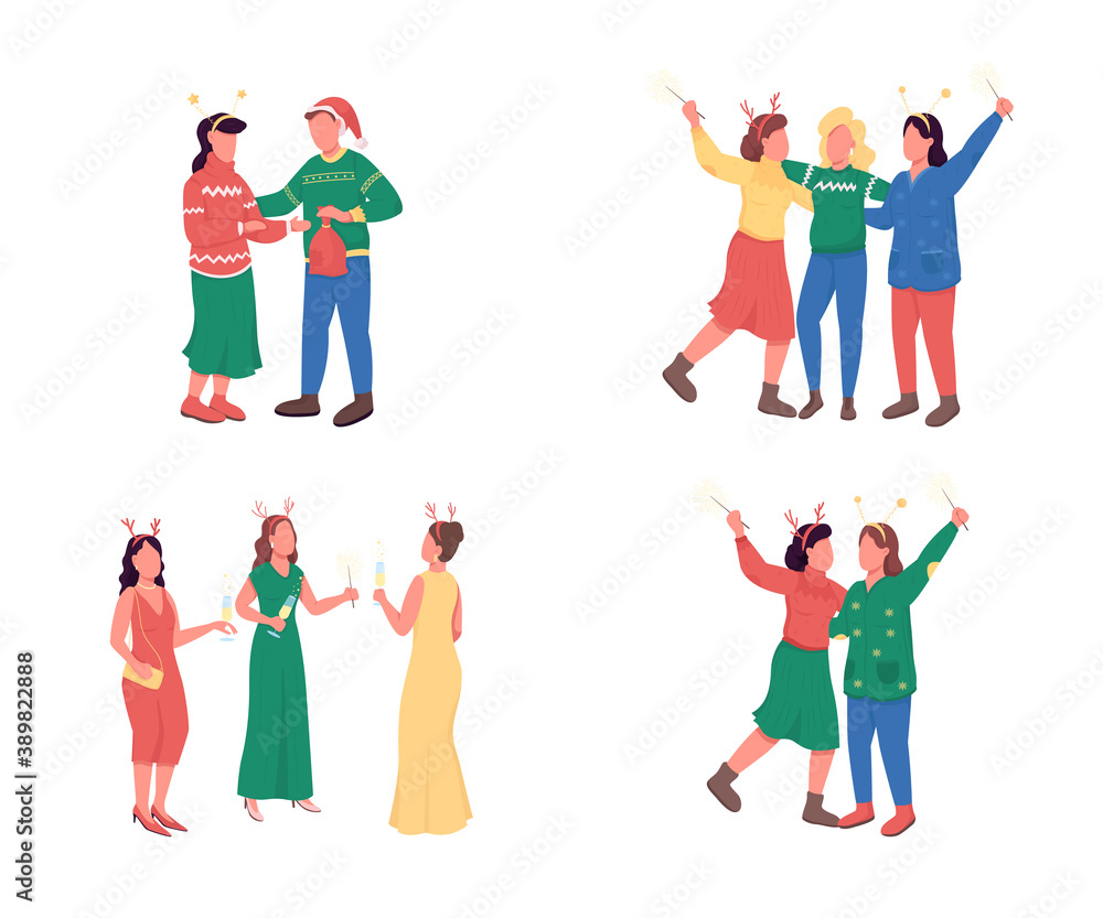 Obraz premium Friends on Christmas party flat color vector faceless character set. Luxury party. Festive holiday celebration isolated cartoon illustration for web graphic design and animation collection