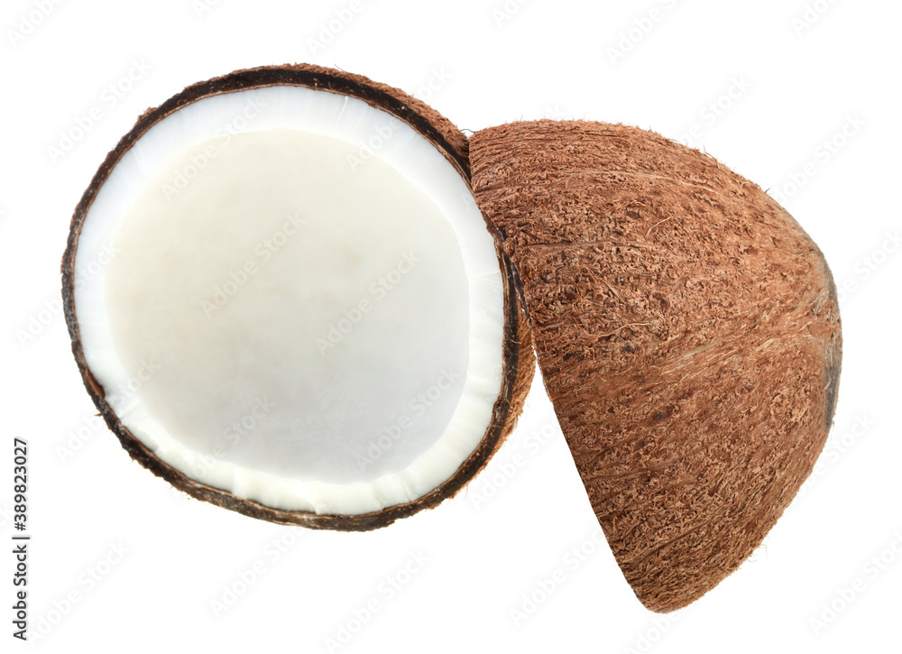 Coconut slice ,Coconuts half isolated on white background.