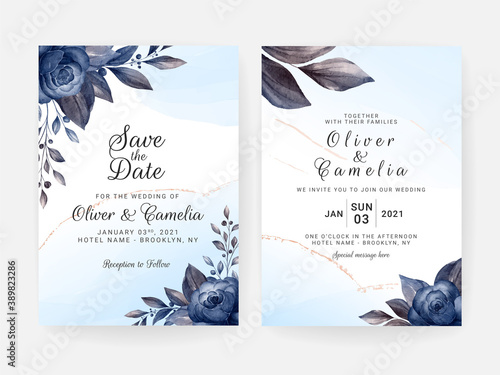 Floral wedding invitation template set with blue and brown roses flowers and leaves decoration. Botanic card design concept