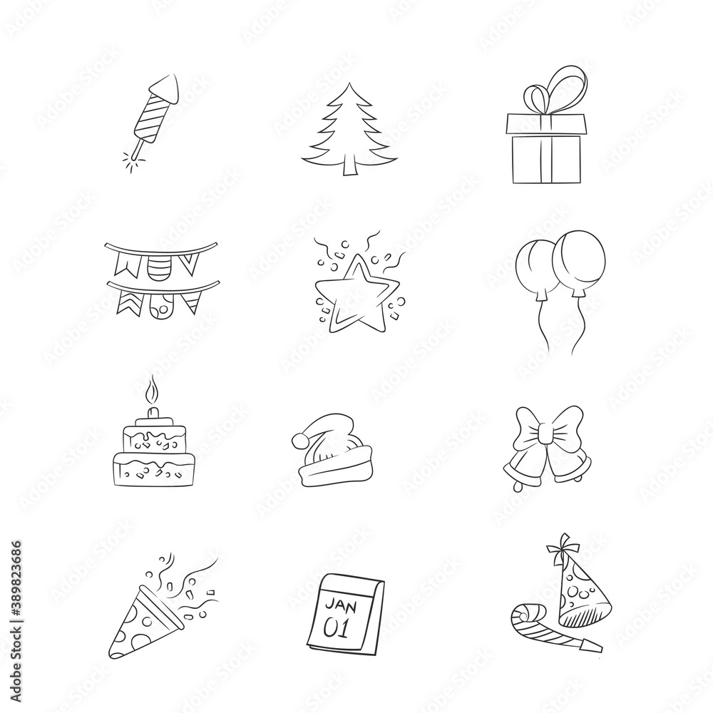 Collection of hand drawn icons from New Year's celebrations. Perfect for design elements from welcoming parties for the New Year, Christmas and Happy Holidays.