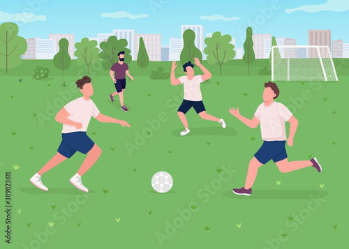 Outdoor football match flat color vector illustration. Sportsman playing game. Athletes on field with goal. Active lifestyle. Soccer team 2D cartoon characters with urban park on background