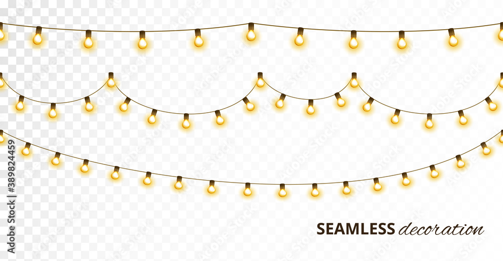 Light bulb garland, isolated vector decoration. String of golden Christmas lights. Illuminated holiday border, glowing lamps frame. For wedding or birthday cards, New Year banners, party posters.