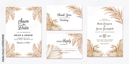 Floral wedding invitation template set with brown and peach roses flowers and leaves decoration. Botanic card design concept