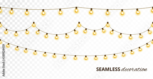 Light bulb garland, isolated vector decoration. String of golden Christmas lights. Illuminated holiday border, glowing lamps frame. For wedding or birthday cards, New Year banners, party posters.